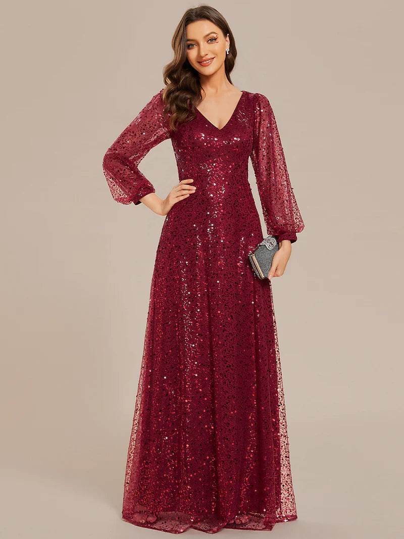 Elegant V-Neck Chiffon Guest Dress with Long Sleeves and Fitted Waist - Biamonde